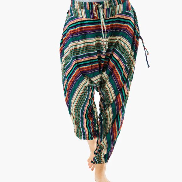 Buddha Pants Unisex Drawstring Boho Hippie Stripe Savannah Harem Pants Green - Picture 10 of 15